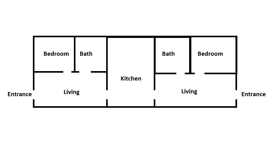 Floor plan of two one bedroom apartments sharing a kitchen in the middle