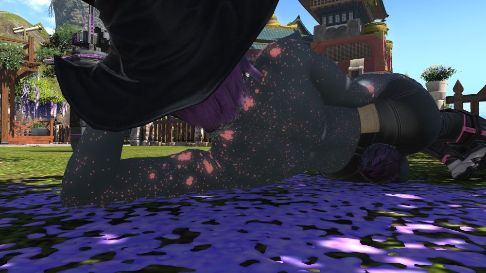 Karma's bungirl lounging on side in the shade from the back.