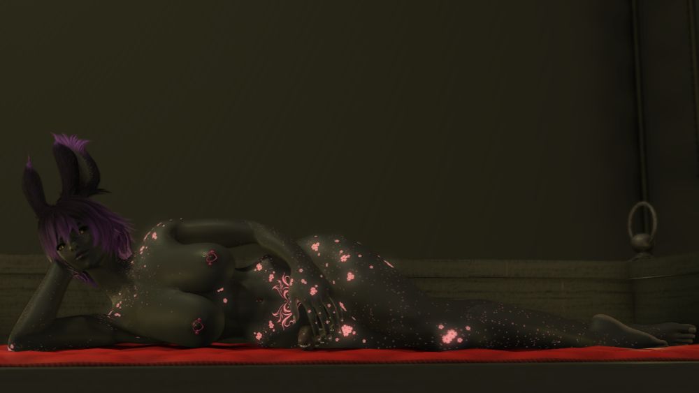 Nude Viera girl lying on side in a 'paint me like one of your ishgardian girls' pose.