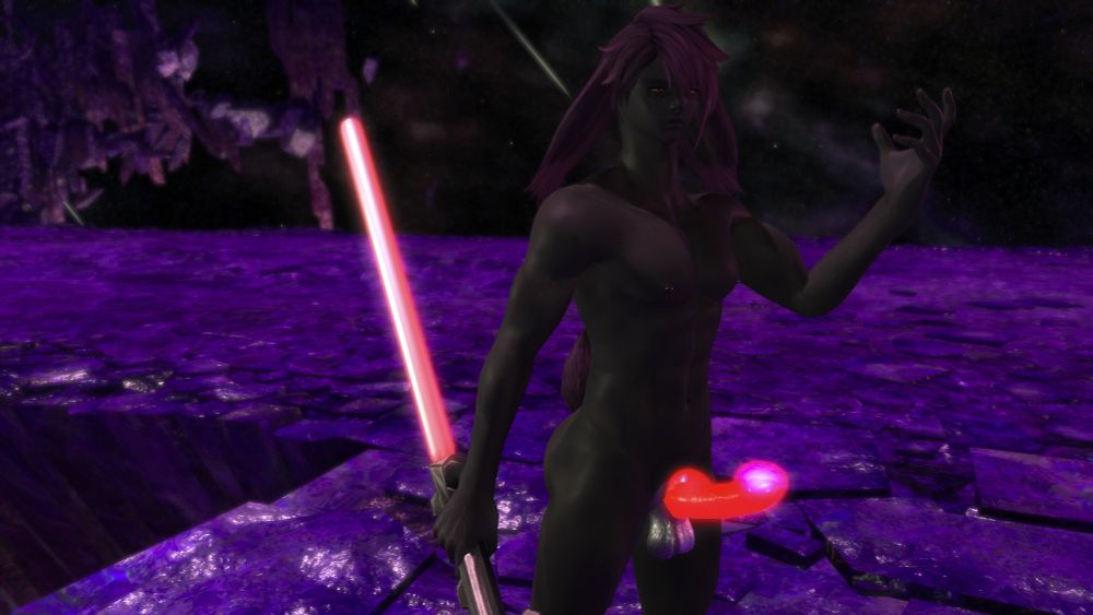 Karma posing without usual tattoo/freckles, with red lightsaber and cocksaber.