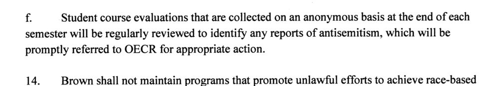 Screenshot reading in relevant part, “f. Student course evaluations that are collected on an anonymous basis at the end of each semester will be regularly reviewed to identify any reports of antisemitism, which will be promptly referred to ORCR for appropriate action.” 