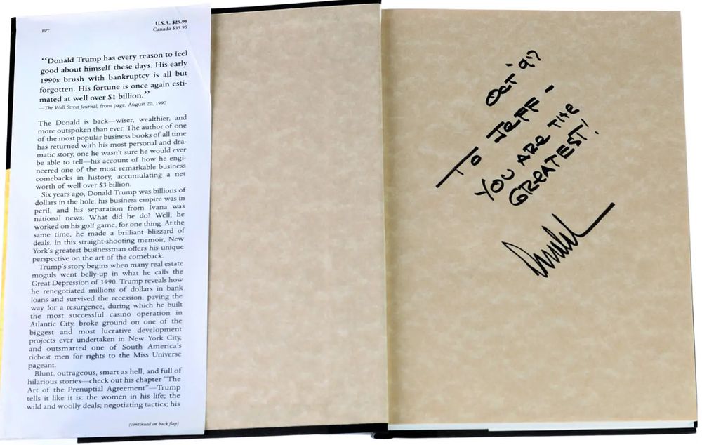 Photo of book with flyleaf on left and otherwise blank inscription page marked in bold Sharpie-like pen, Oct. '97 To Jeff-- You Are The Greatest! and signature. 
