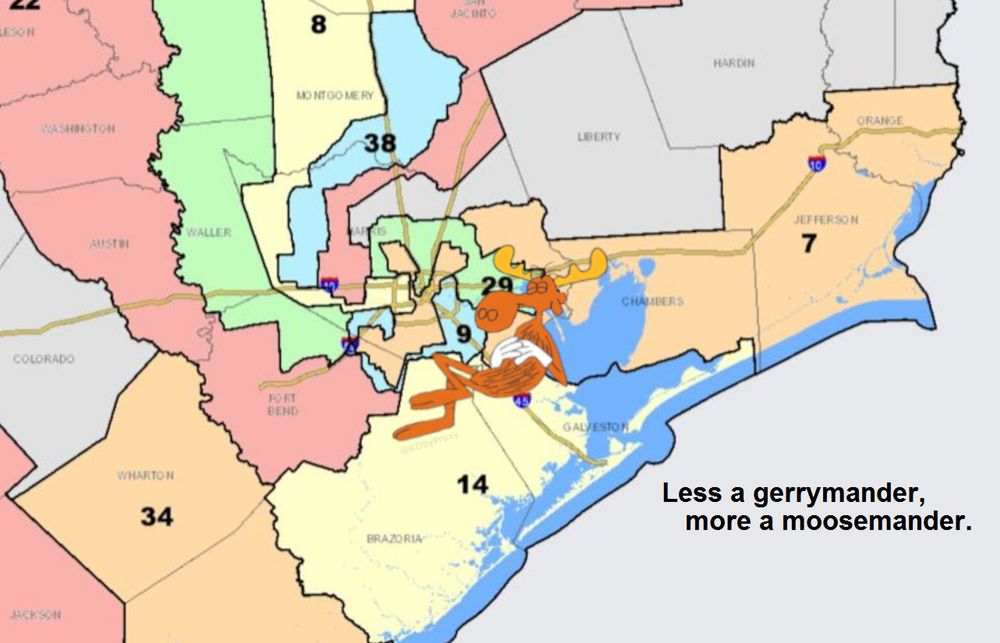 Swirly maps in Houston area with overlay of Bullwinkle the Moose whose outline is similar to that of one district. 
