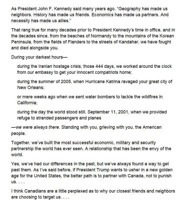 Partial text of Justin Trudeau comments on Trump tariffs.