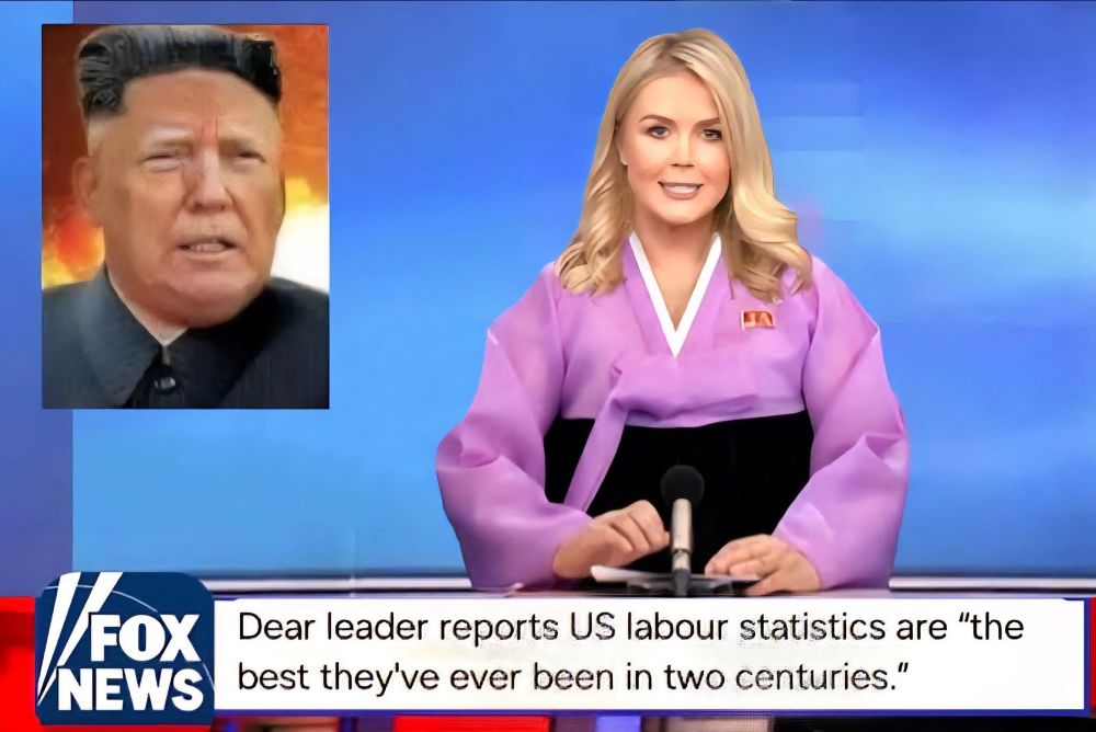 Satirical pretend screenshot of Fox News in North Korean style with inset of Donald Trump’s face altered to North Korean features and main shot of White House spox Karoline Leavitt as announcer in traditional garb. 