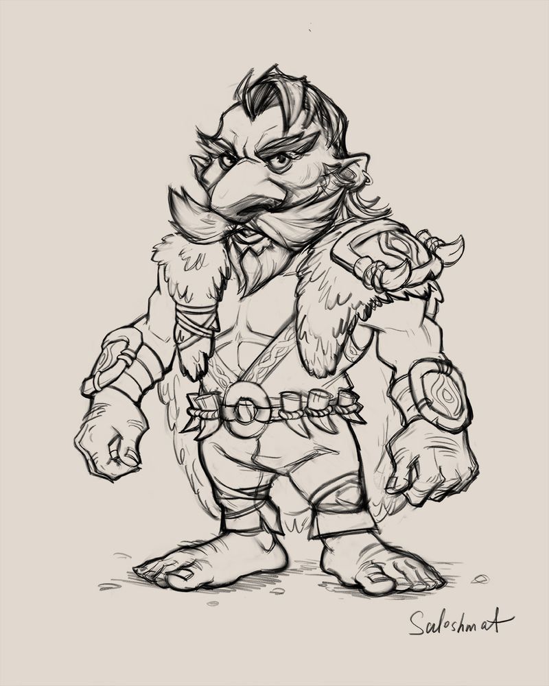 Art of Dungeons and Dragons character, gnome druid, has a big nose and fur cloak