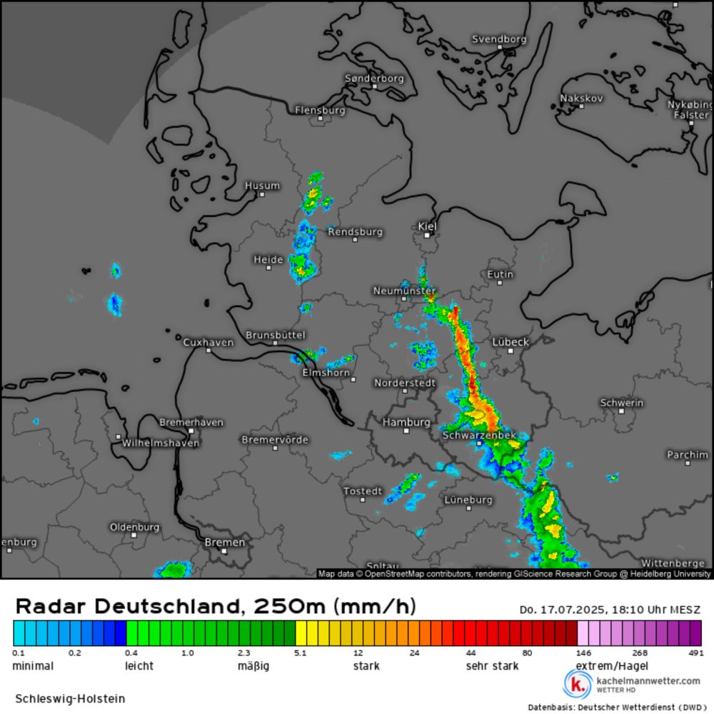 Radar HD+, Regenradar vom 17.07.2025, 18:10 Uhr - Schleswig-Holstein