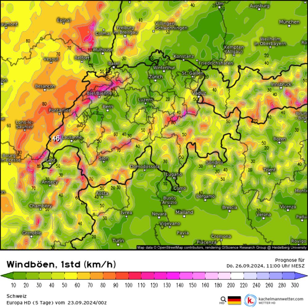 Modellkarten für Schweiz (Windböen, 1std) | Europa HD (5 Tage)