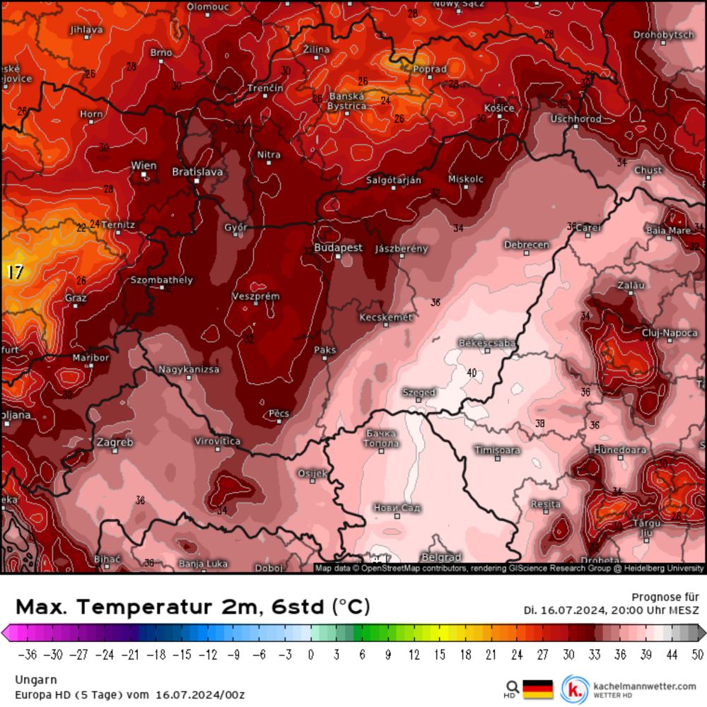 Modellkarten für Ungarn (Max. Temperatur 2m, 6std) | Europa HD (5 Tage)