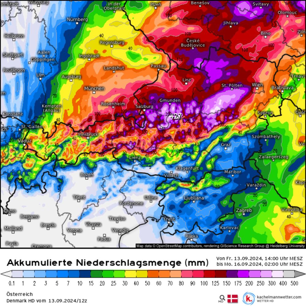 Modellkarten für Österreich (Akkumulierte Niederschlagsmenge) | Denmark HD