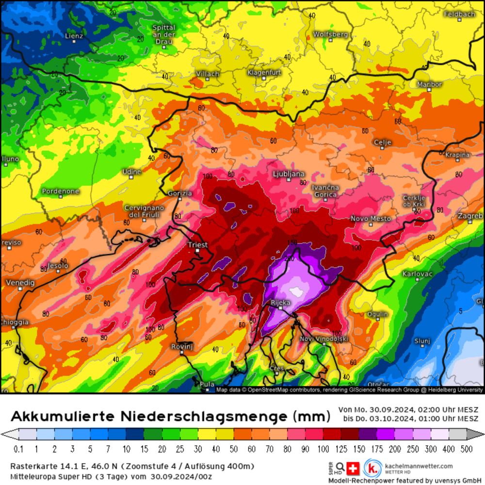 Modellkarten für 14.1 E, 46.0 N (Akkumulierte Niederschlagsmenge) | Mitteleuropa Super HD (3 Tage)
