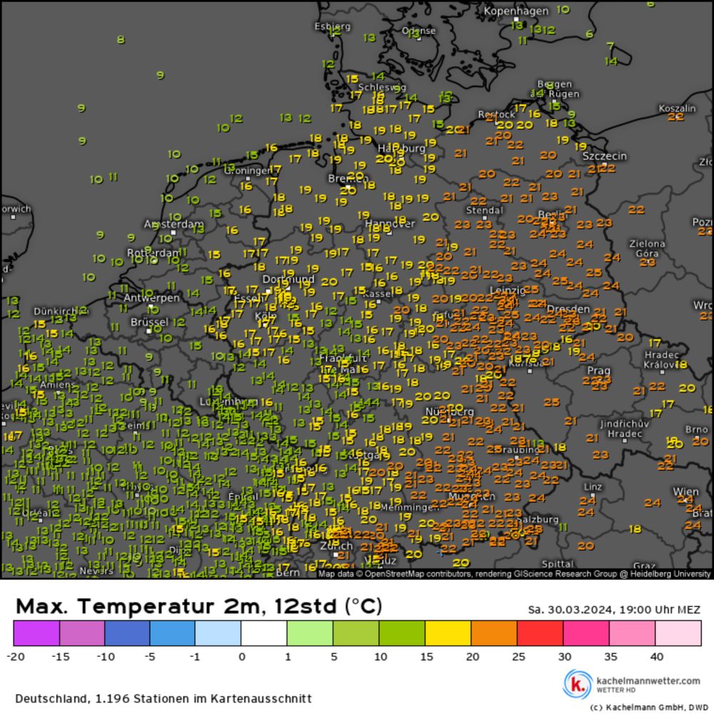 Max. Temperatur 2m, 12std, Messwerte Deutschland vom 30.03.2024, 19:00 Uhr