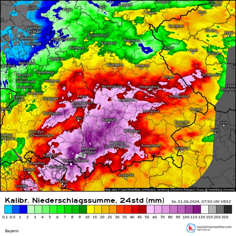 Kalibrierte Niederschlagssumme Bayern (24std) vom 01.06.2024, 07:50 Uhr