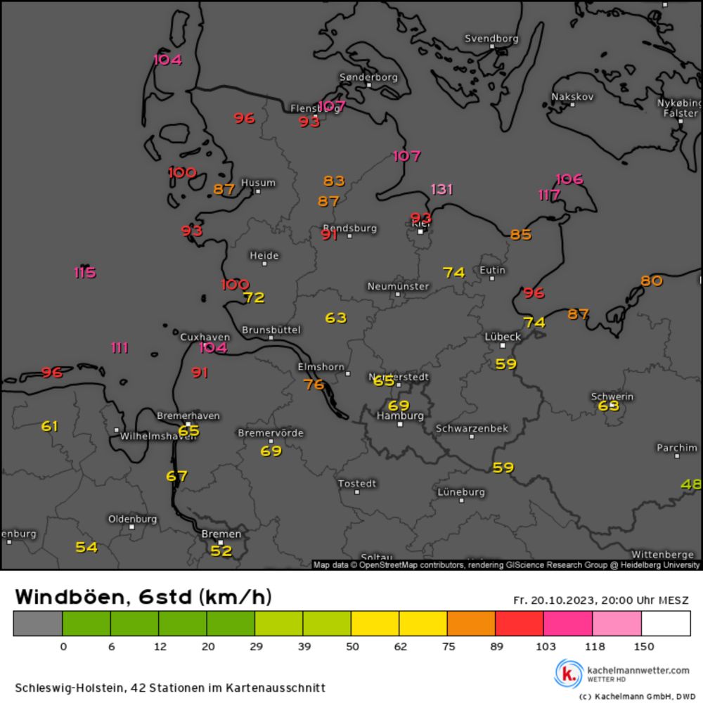 Windböen, 6std, Messwerte Schleswig-Holstein vom 20.10.2023, 20:00 Uhr