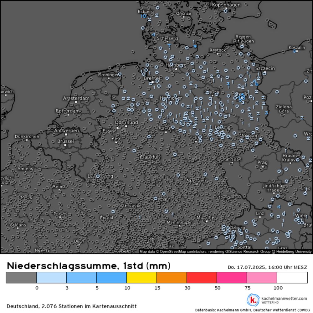 Niederschlagssumme, 1std, Messwerte Deutschland vom 17.07.2025, 16:00 Uhr
