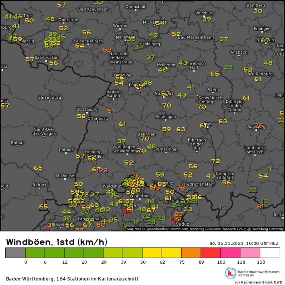 Windböen, 1std, Messwerte Baden-Württemberg vom 05.11.2023, 10:00 Uhr