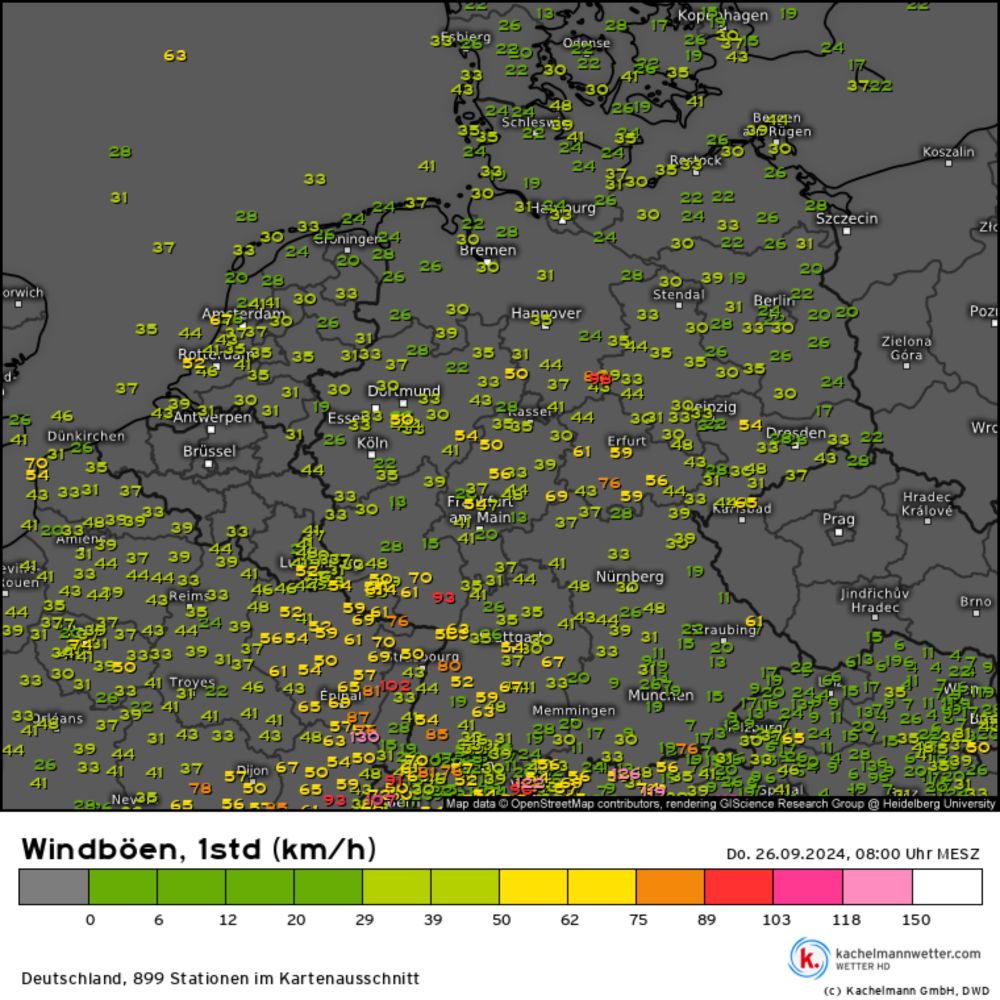 Windböen, 1std, Messwerte Deutschland vom 26.09.2024, 08:00 Uhr