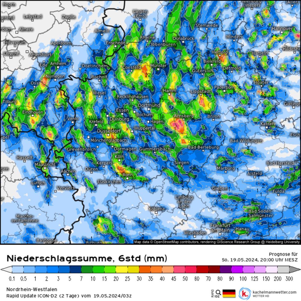 Modellkarten für Nordrhein-Westfalen (Niederschlagssumme, 6std) | Rapid Update ICON-D2 (2 Tage)