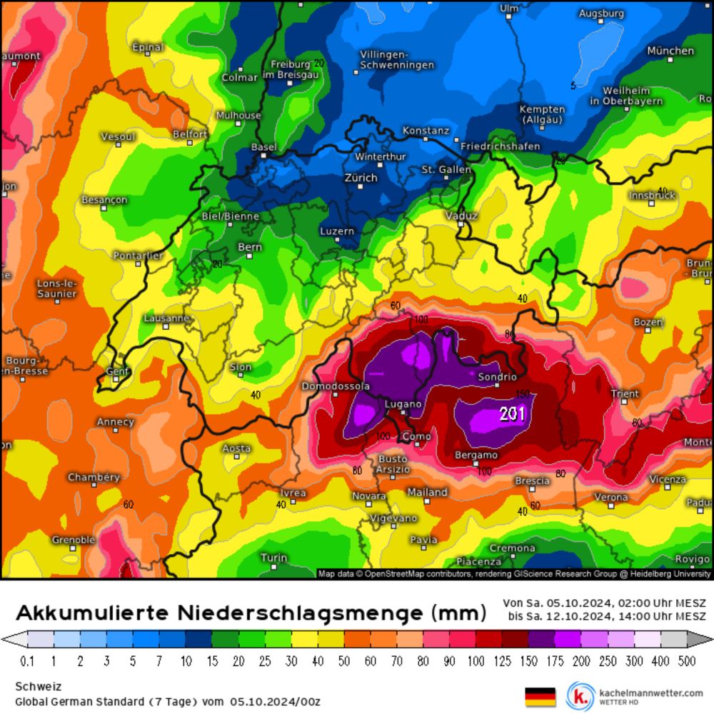 Modellkarten für Schweiz (Akkumulierte Niederschlagsmenge) | Global German Standard (7 Tage)