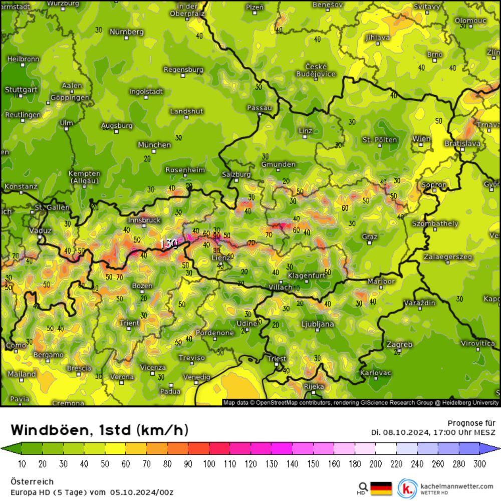 Modellkarten für Österreich (Windböen, 1std) | Europa HD (5 Tage)