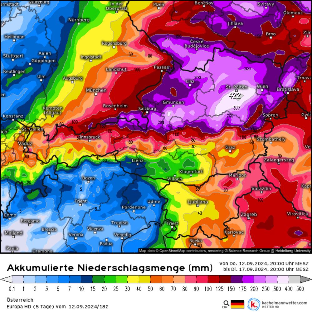 Modellkarten für Österreich (Akkumulierte Niederschlagsmenge) | Europa HD (5 Tage)