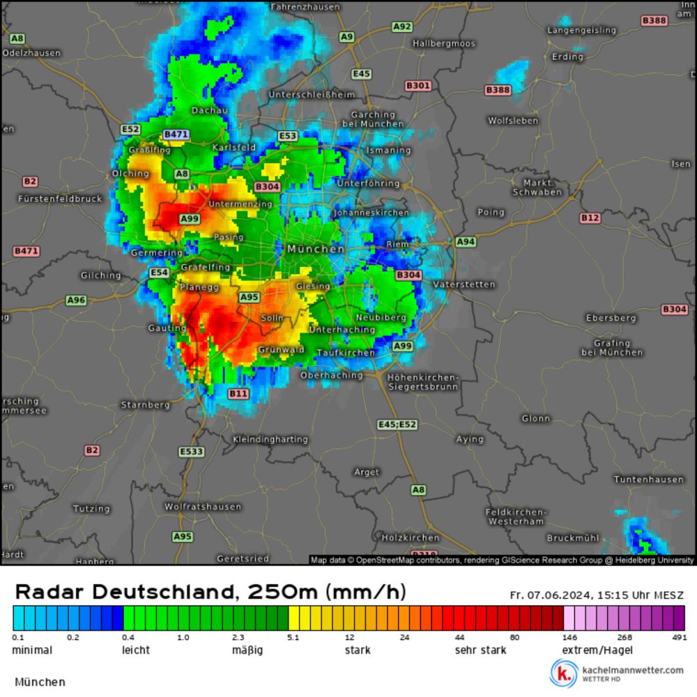 Radar HD+, Regenradar vom 07.06.2024, 15:15 Uhr - München