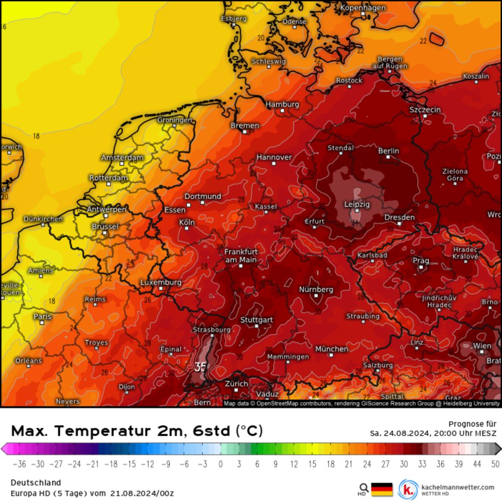 Modellkarten für Deutschland (Max. Temperatur 2m, 6std) | Europa HD (5 Tage)