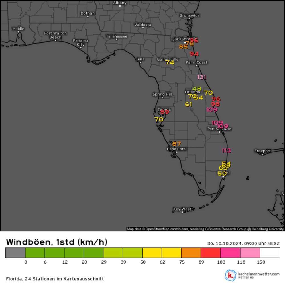 Windböen, 1std, Messwerte Florida vom 10.10.2024, 09:00 Uhr