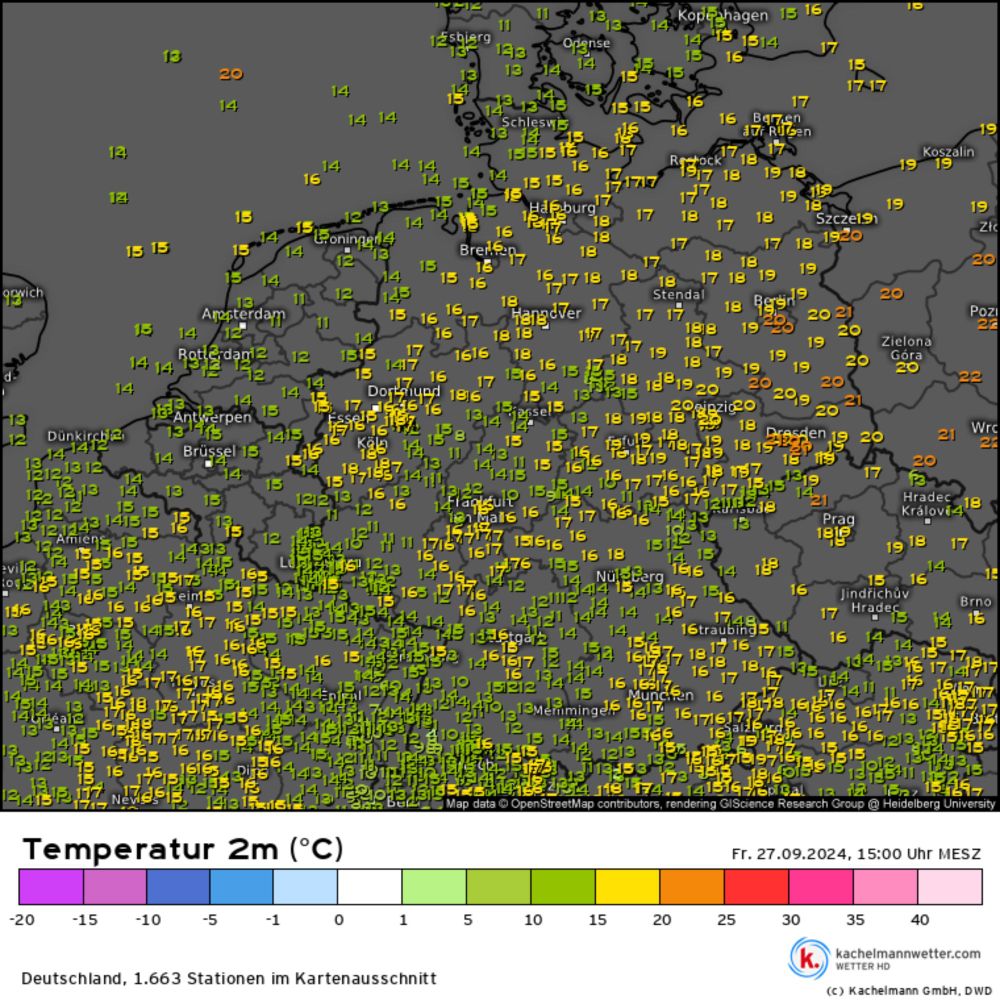 Temperatur 2m, Messwerte Deutschland vom 27.09.2024, 15:00 Uhr