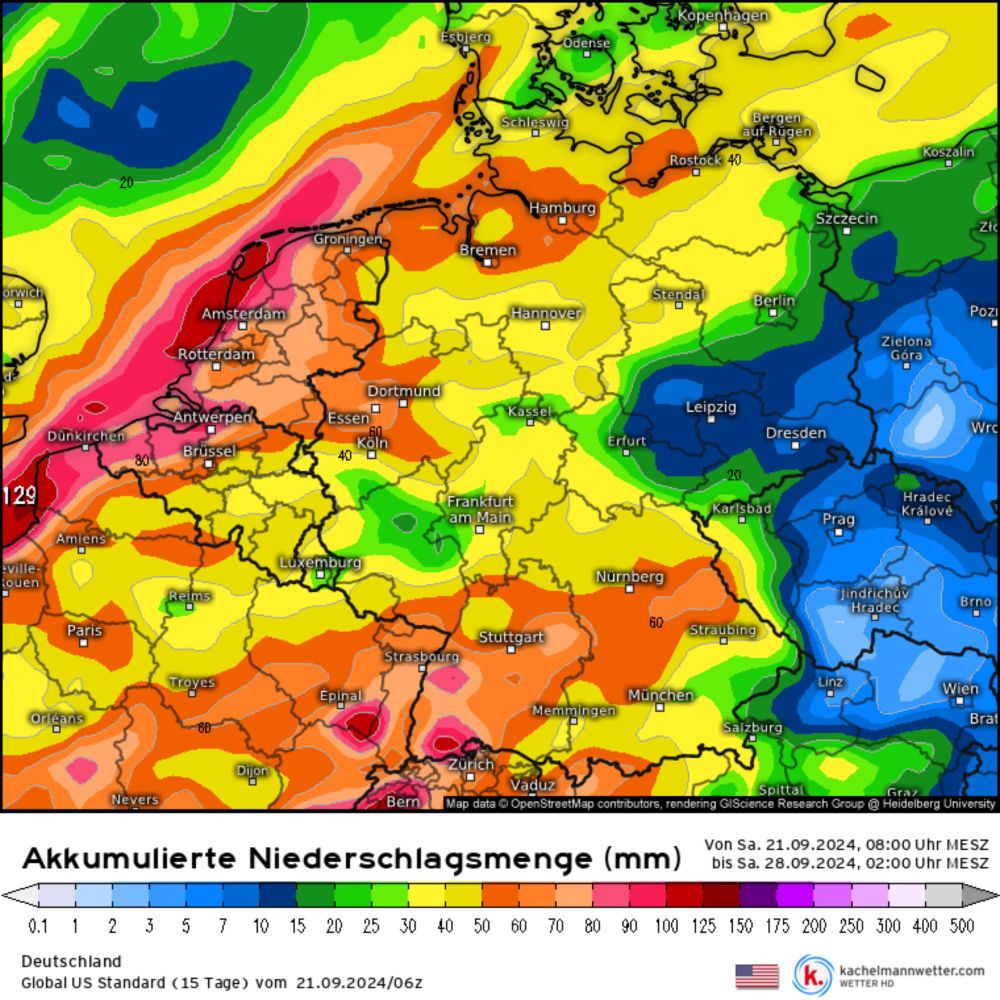 Modellkarten für Deutschland (Akkumulierte Niederschlagsmenge) | Global US Standard (15 Tage)