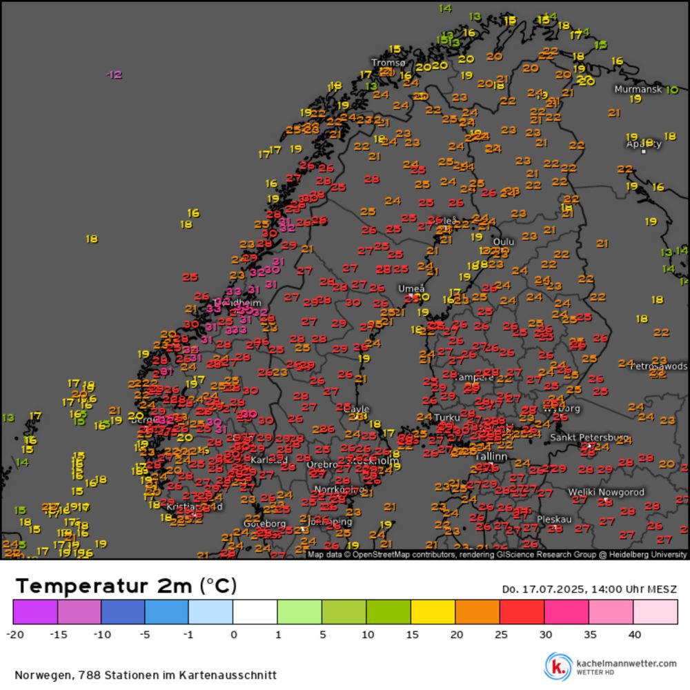 Temperatur 2m, Messwerte Norwegen vom 17.07.2025, 14:00 Uhr
