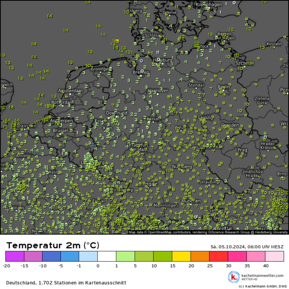 Temperatur 2m, Messwerte Deutschland vom 05.10.2024, 06:00 Uhr