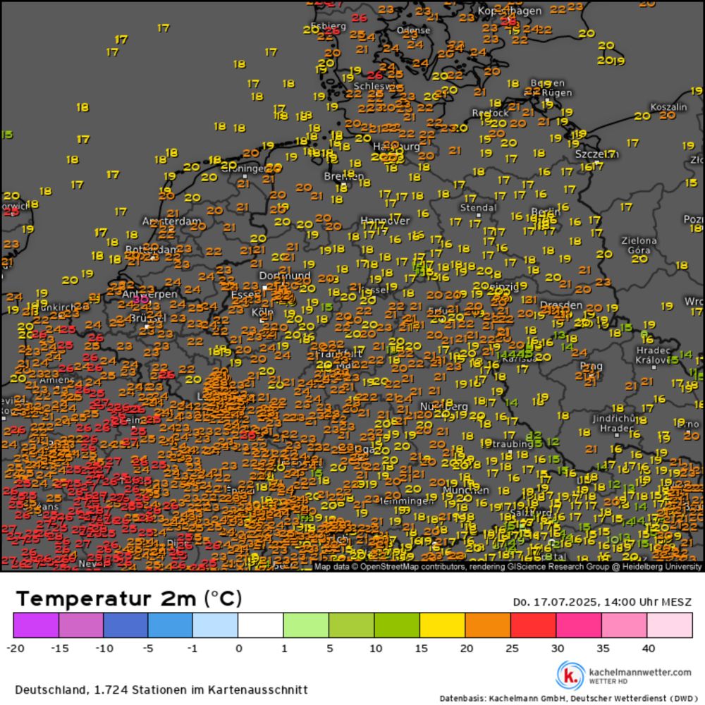 Temperatur 2m, Messwerte Deutschland vom 17.07.2025, 14:00 Uhr
