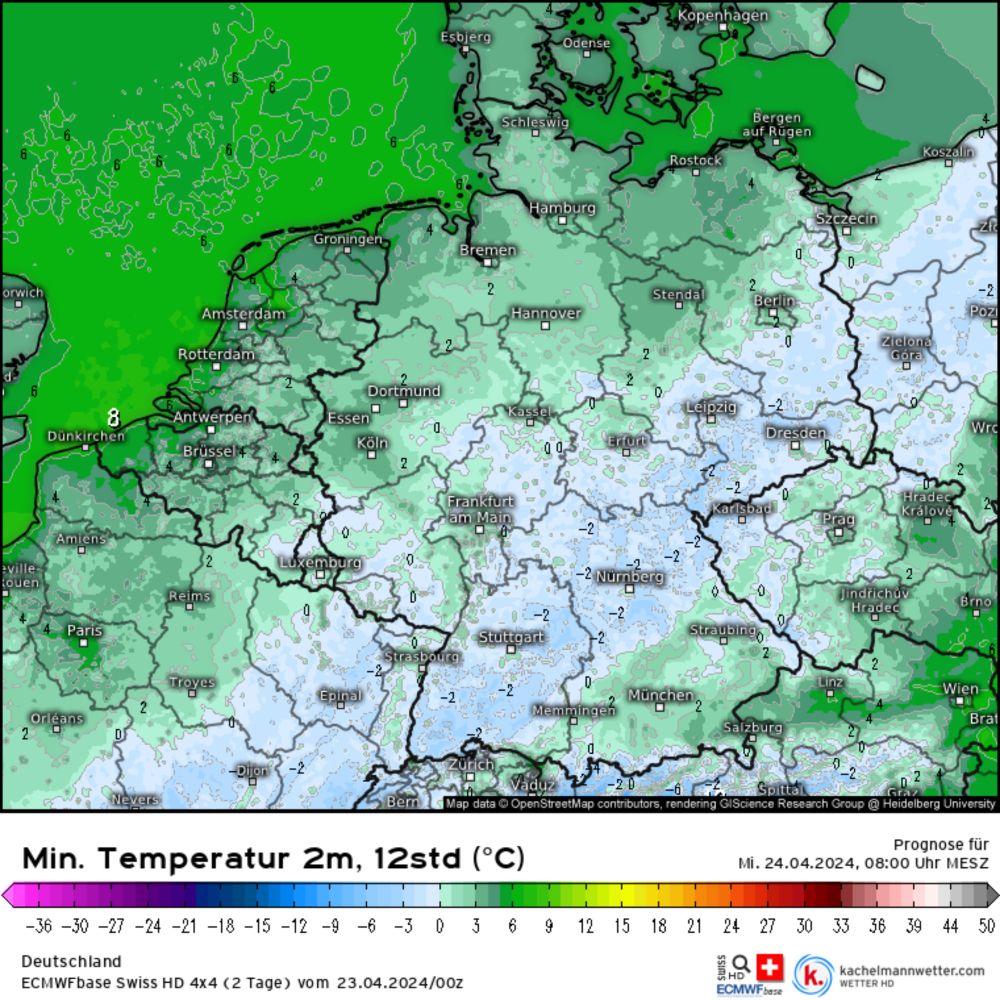 Modellkarten für Deutschland (Min. Temperatur 2m, 12std) | ECMWFbase Swiss HD 4x4 (2 Tage)