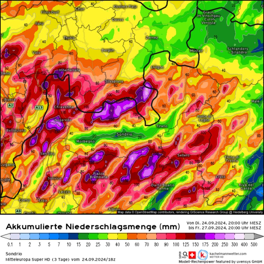 Modellkarten für Sondrio (Akkumulierte Niederschlagsmenge) | Mitteleuropa Super HD (3 Tage)