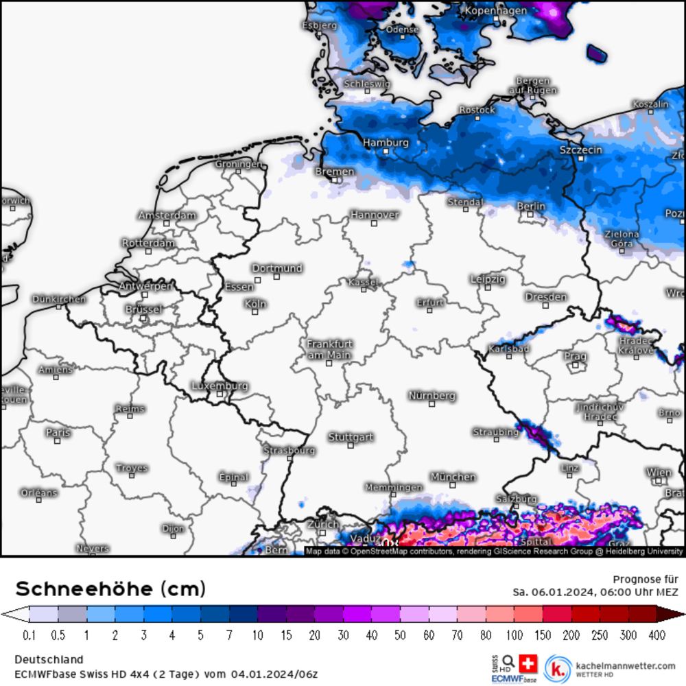 Modellkarten für Deutschland (Schneehöhe) | ECMWFbase Swiss HD 4x4 (2 Tage)