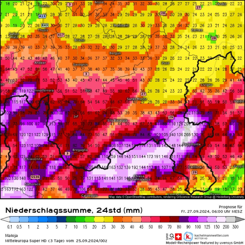 Modellkarten für Maloja (Niederschlagssumme, 24std) | Mitteleuropa Super HD (3 Tage)