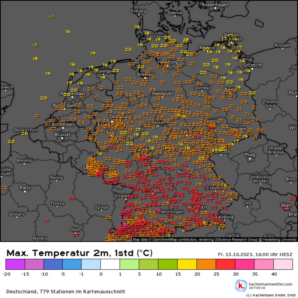 Max. Temperatur 2m, 1std, Messwerte Deutschland vom 13.10.2023, 16:00 Uhr