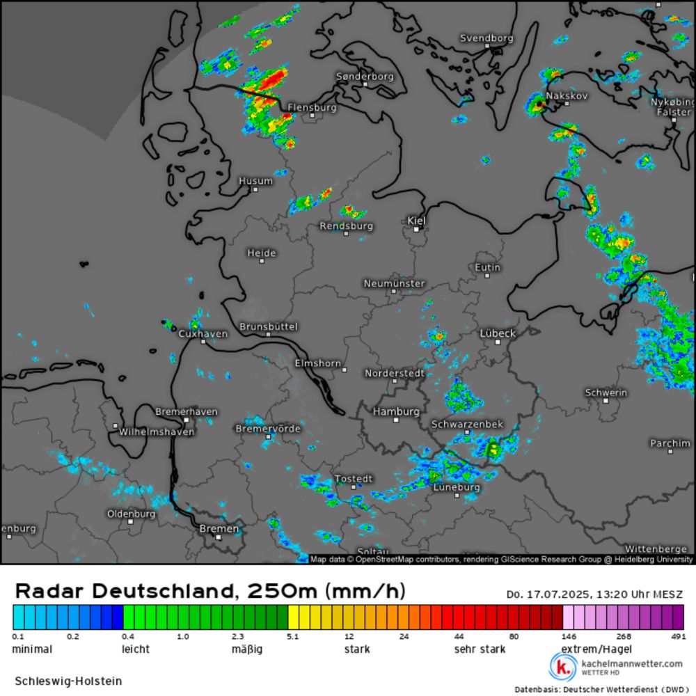 Radar HD+, Regenradar vom 17.07.2025, 13:20 Uhr - Schleswig-Holstein