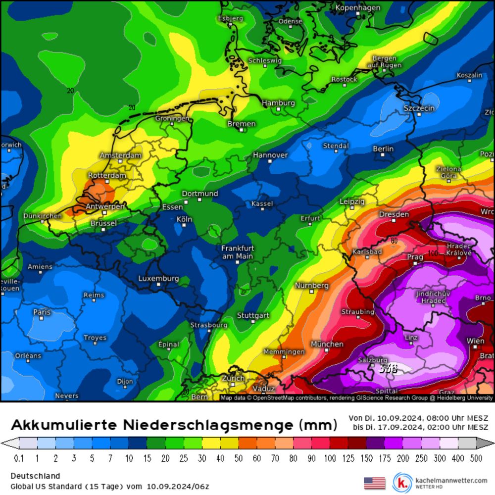 Modellkarten für Deutschland (Akkumulierte Niederschlagsmenge) | Global US Standard (15 Tage)