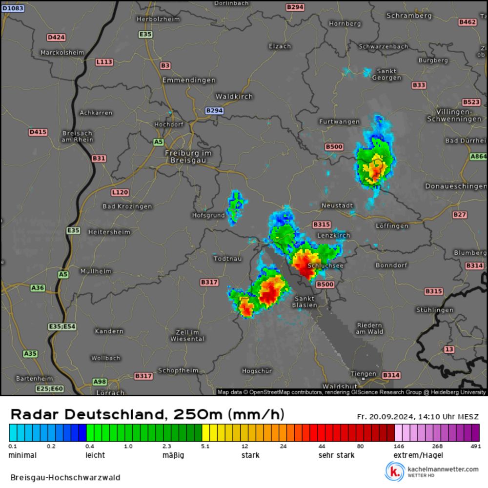 Radar HD+, Regenradar vom 20.09.2024, 14:10 Uhr - Breisgau-Hochschwarzwald