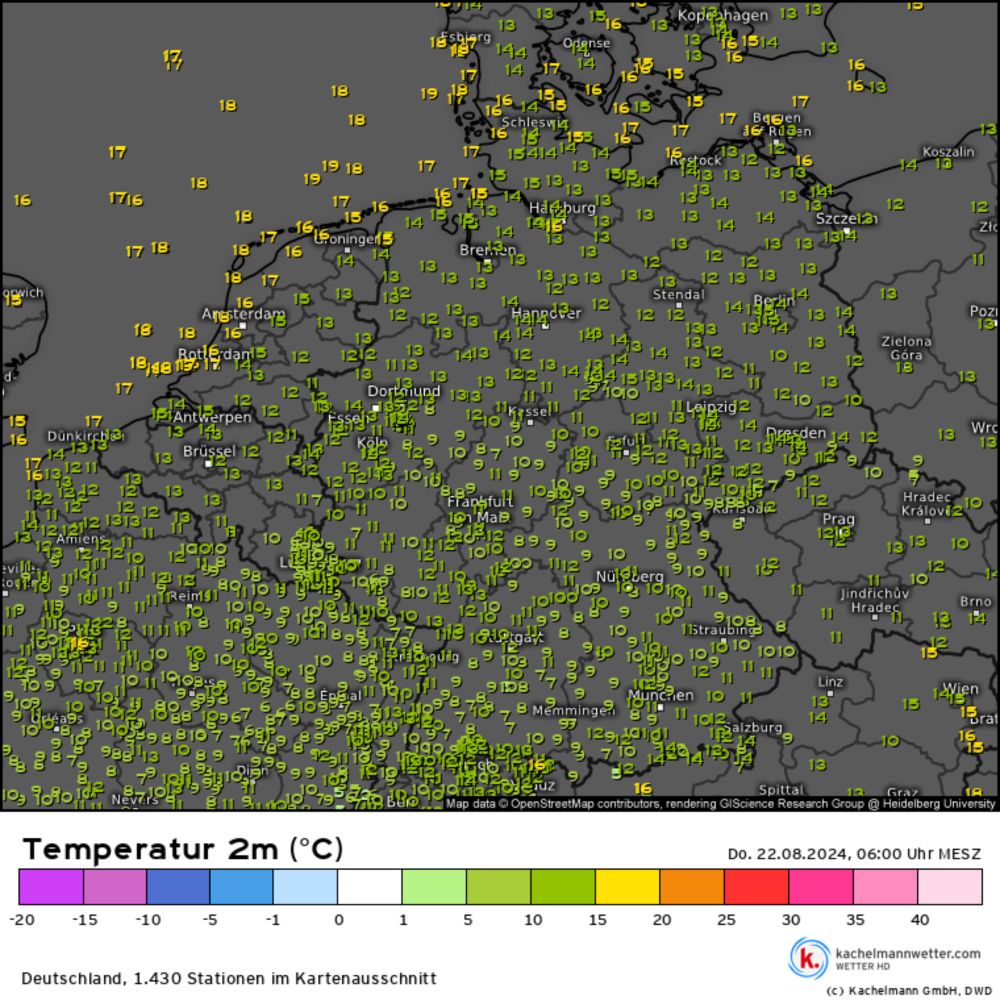 Temperatur 2m, Messwerte Deutschland vom 22.08.2024, 06:00 Uhr