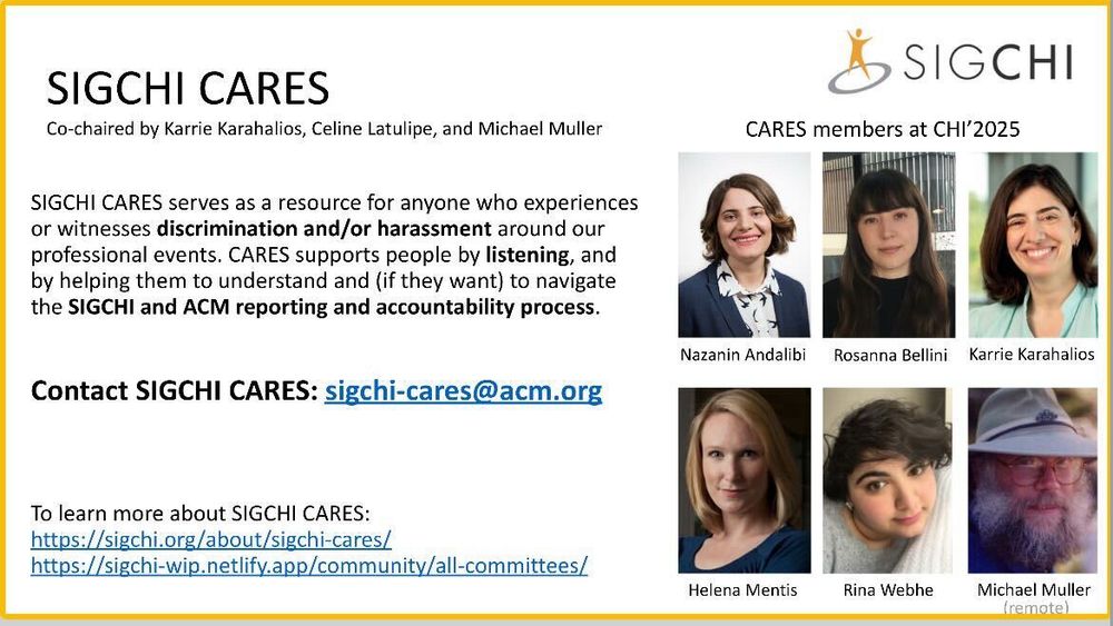 Image includes names and pictures of the six CARES representatives at CHI. The email is sigchi-cares@acm.org and you can approach any of us directly too! 