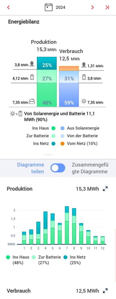 Auf dem Bild ist die Jahresperformance der PV Anlage für das Jahr 2024 zu sehen.
