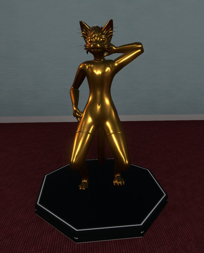 Golden statue of an anthropomorphic cat posed with one hand behind the head, and one on the thigh
