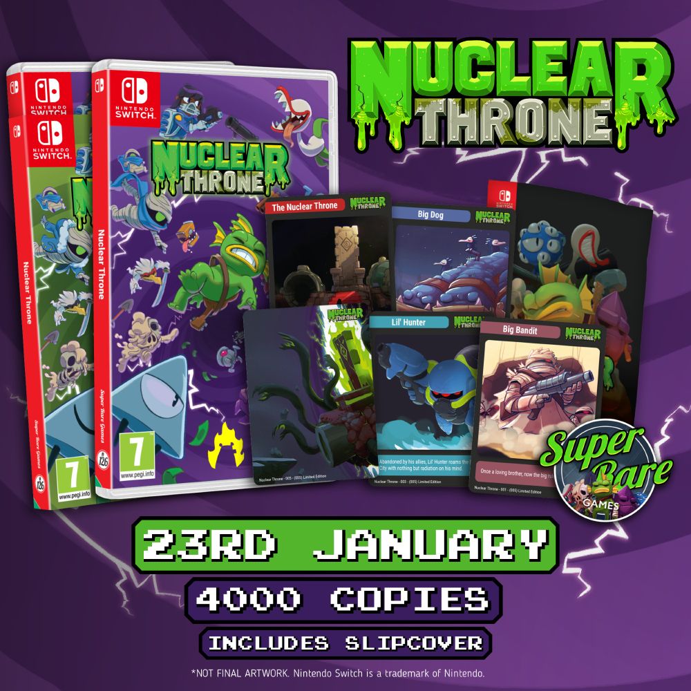 An image of the physical version of Nuclear Throne for the Nintendo Switch, including trading cards, a booklet, and a beautiful slipcover with the b-skins of the characters.