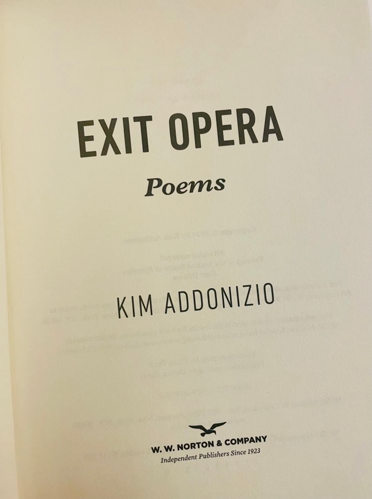 title page of Kim Addonizio’s poetry volume Exit Opera (Norton)