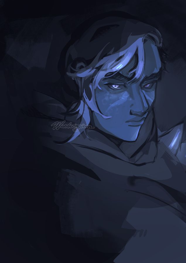 An illustration of Uldren Sov from Destiny 2, during the Forsaken Prince expansion. He is a humanoid Awoken man with grey-blue skin, white markings on his face, and black hair with white streaks framing the side of his face from a side part. He is drawn in a dark setting against a pitch dark background. His eyes glow, and it looks like his scleras are dark. He looks haunted.
