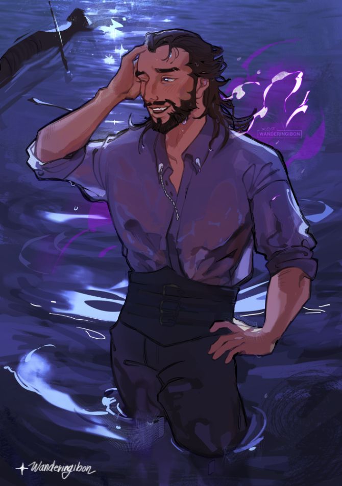 An illustration by @wanderingibon of Lucanis Dellamorte standing in Treviso's canals, water dripping from his clothes and his hair. Behind him in the distance is a tipped-over gondola with one oar propped up against it and the other floating in the water. It's nighttime, and the moon glitters on the surface of the water and illuminates him from behind. 
