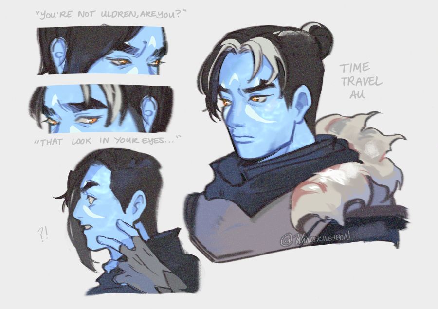 A bust drawing of Crow from Destiny 2, a humanoid character with blue skin glowing in ripples, with white markings on his cheeks. He has larger, angled eyebrows and black hair whitening from the crown of his head. He looks different from his usual design, seen with middle-parted hair tied into a bun, with bangs framing his face. He wears armor with fluffy fur accents. There is a smaller drawing with Uldren's usual hair, in which he is looking to the left, surprised. There are two drawings of a close-up of the character's eyes, showing the differences between Uldren and Crow's expressions. There is text saying, "You're not Uldren, are you? That look in your eyes..."
